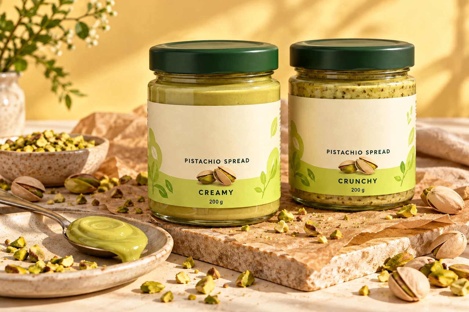 Creamy and Crunchy Pistakio jar concepts with our original logo