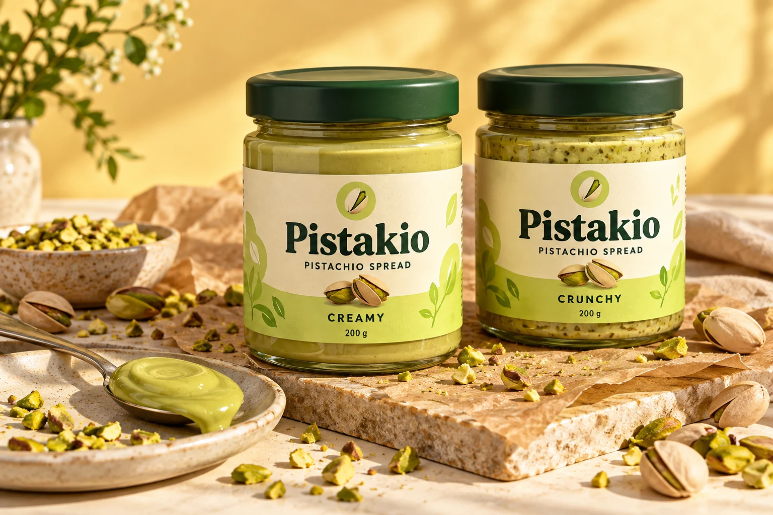 Original Pistakio Creamy and Crunchy jar mockups with pistachios in warm morning light